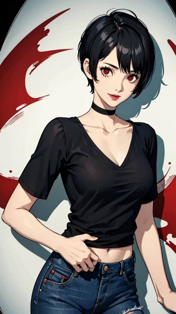 1girl, smile, red eyes, tomboy Pixie haircut, very Short hair, black hair, black choker, shirt, jeans, medium breast, lipstick, cowboy shot, lying bust up shot,