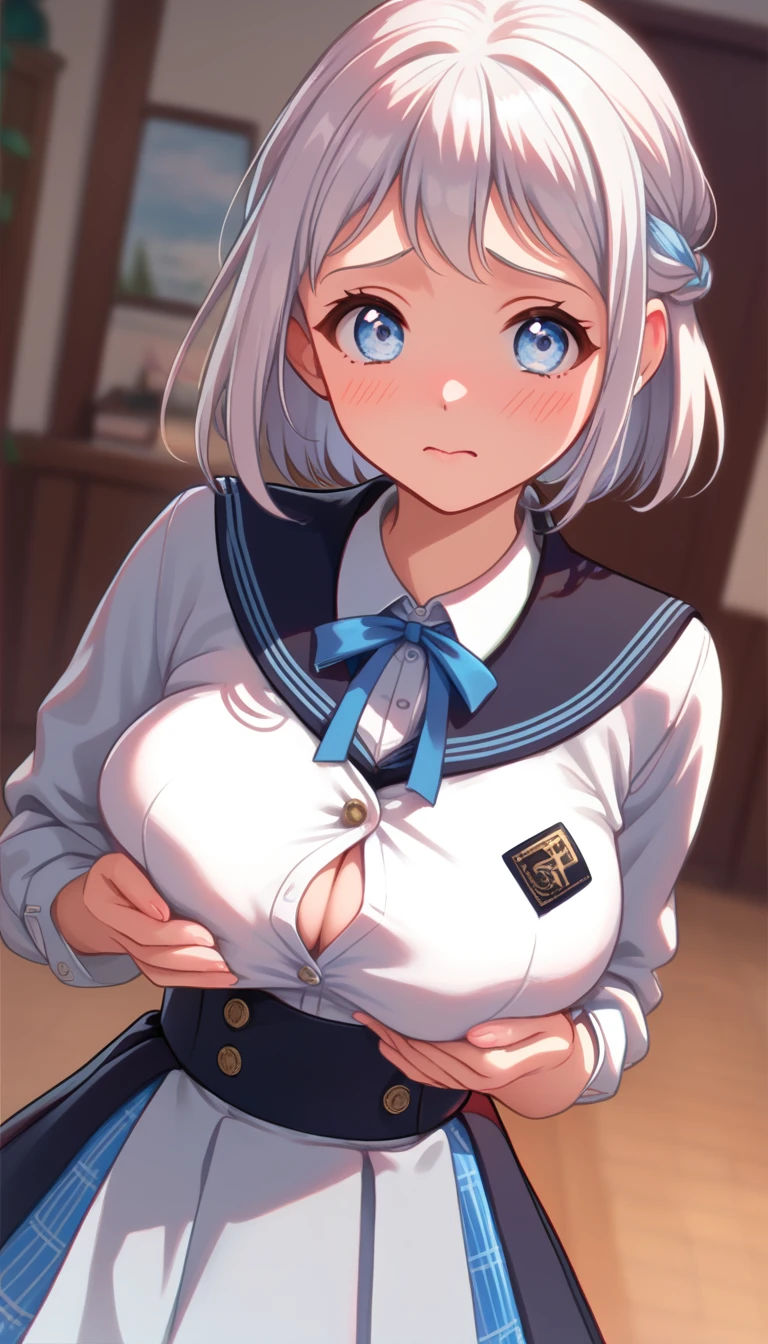 16k,1girl, katsuragi lilja,blue eyes,white hair,short hair,braid,,sailor collar,neck ribbon, white shirt,layered skirt,high-waist skirt,pov,looking view,blush,embarrassed,(((big breast))),((Big Tits)),The chest is open,cleavege,breast focus,NSFW,beautiful face,beautiful eyes,details eyes