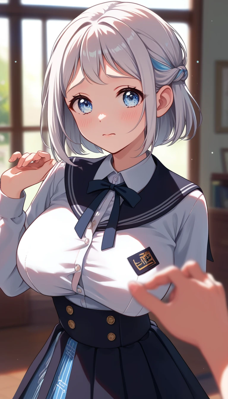 16k,1girl, katsuragi lilja,blue eyes,white hair,short hair,braid,,sailor collar,neck ribbon, white shirt,layered skirt,high-waist skirt,pov,looking view,blush,embarrassed,(((big breast))),((Big Tits)),The chest is open,cleavege,breast focus,NSFW,beautiful face,beautiful eyes,details eyes