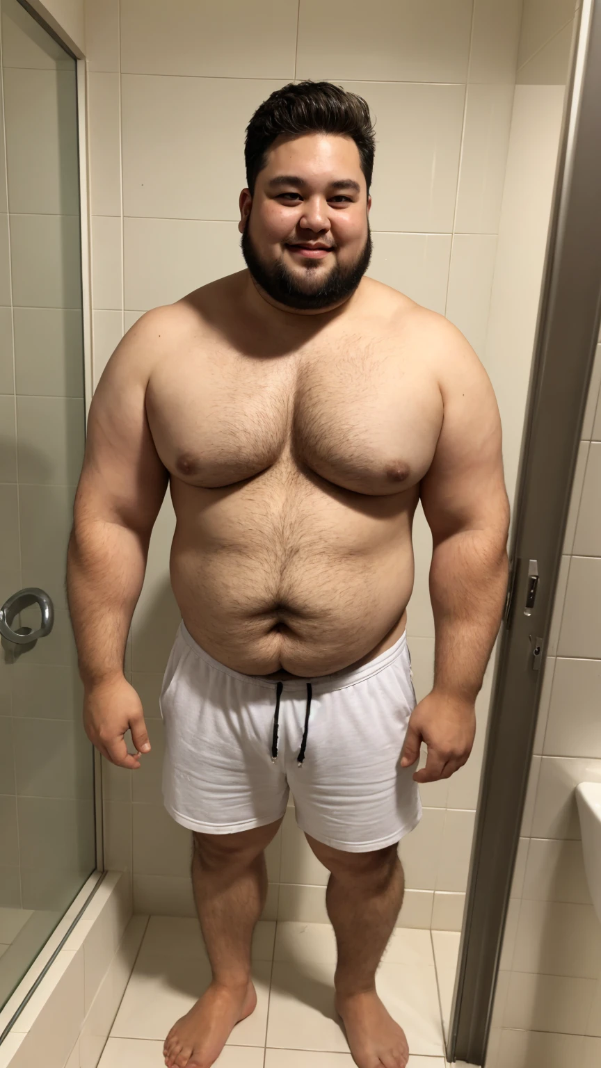 A cute fat man, with symmetrical big eyes, round inch, short hair, big round face, round face, short chin, beard, a lot of hair on his chest, strong arms, black round-rimmed glasses, very developed chest, round belly, standing in the bathroom, shirtless upper body, white shorts, bare feet, super clear picture quality, oriental male, full body photo.