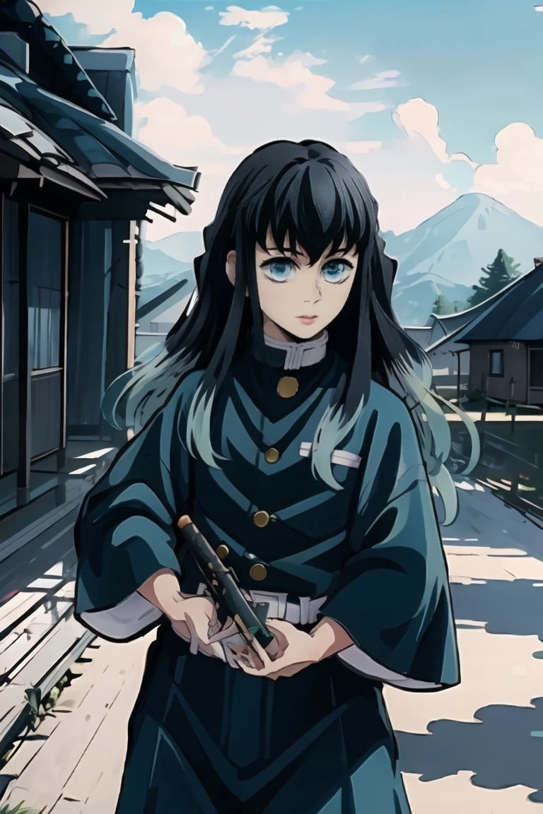 masterpiece, Best quality, (1 boy:1), Demon Slayer Uniform, One, long hair, Looking at the viewer, bang, black hair, sea green eyes, multicolored hair, Tokito_Muichiro, weapon , male focus, trousers, (( village with wooden house)), daytime,  