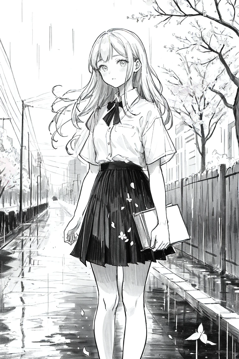 1girl,Line Art,monochrome,sketch,Pencil drawing,traditional media,1girl, black skirt, branch, building, chain-link fence, cherry blossoms, fence, long hair, outdoors, petals, pleated skirt, rain, shirt, short sleeves, skirt, solo, standing, tree,
sky,street