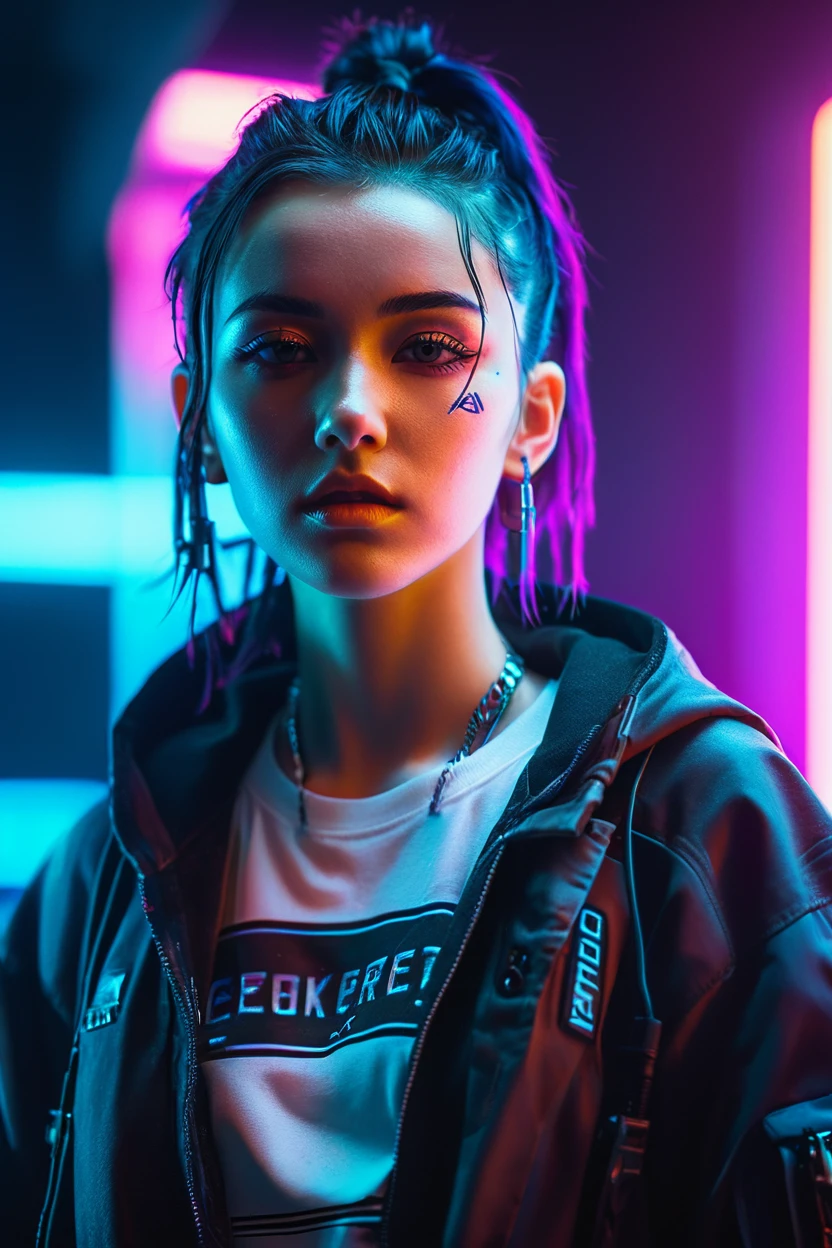 Wearing cyberpunk complex streetwear, beautiful, girl, detailed portrait, 4 K, bright colors, concept art, cinematic dramatic atmosphere, sharp focus, volumetric lighting, cinematic lighting, studio quality