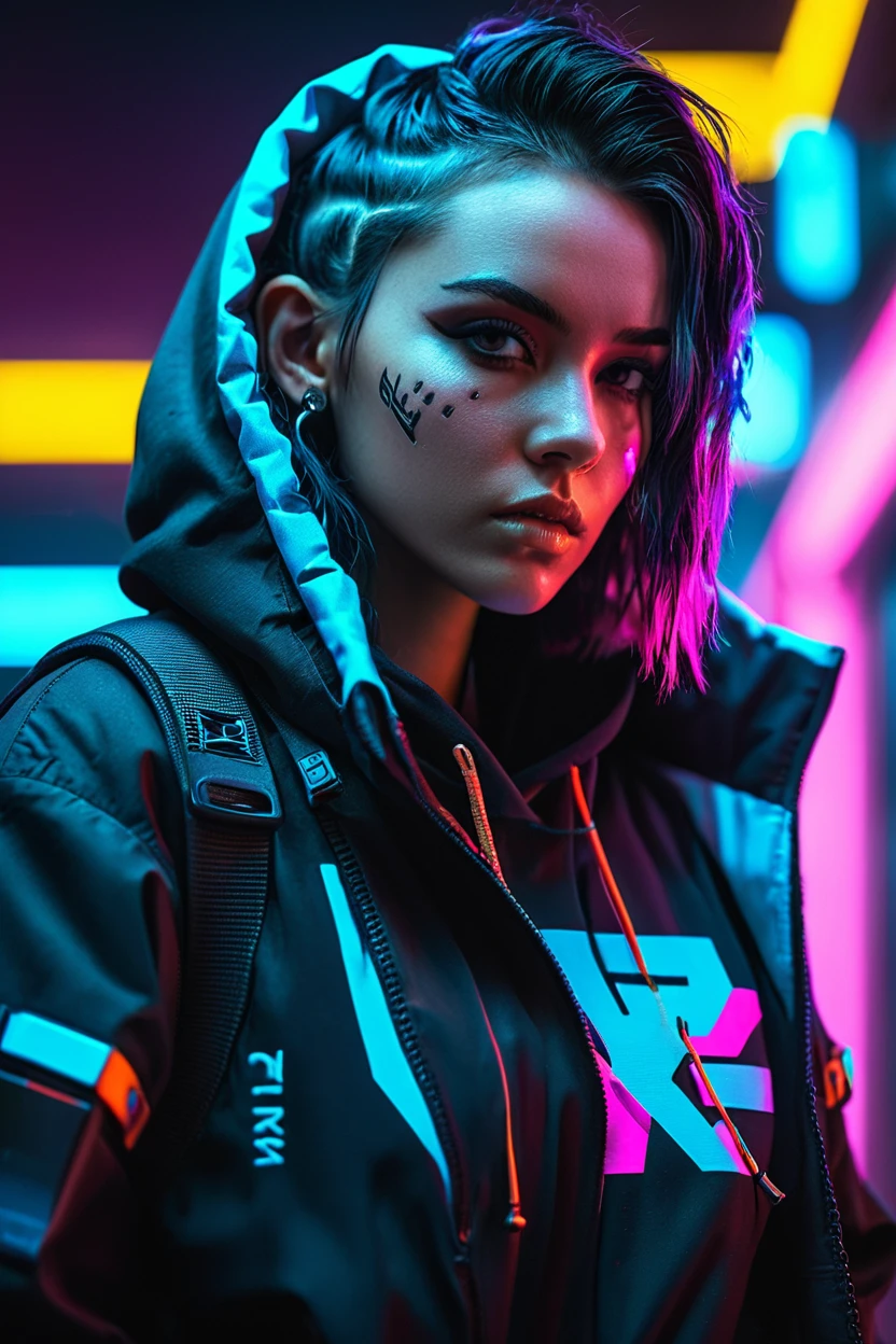 Wearing cyberpunk complex streetwear, beautiful, girl, detailed portrait, 4 K, bright colors, concept art, cinematic dramatic atmosphere, sharp focus, volumetric lighting, cinematic lighting, studio quality