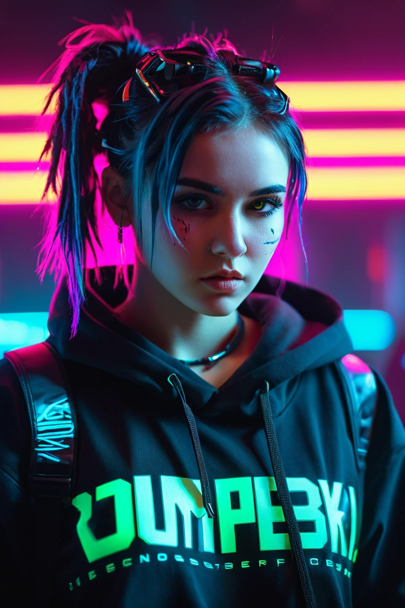 Wearing cyberpunk complex streetwear, beautiful, girl, detailed portrait, 4 K, bright colors, concept art, cinematic dramatic atmosphere, sharp focus, volumetric lighting, cinematic lighting, studio quality