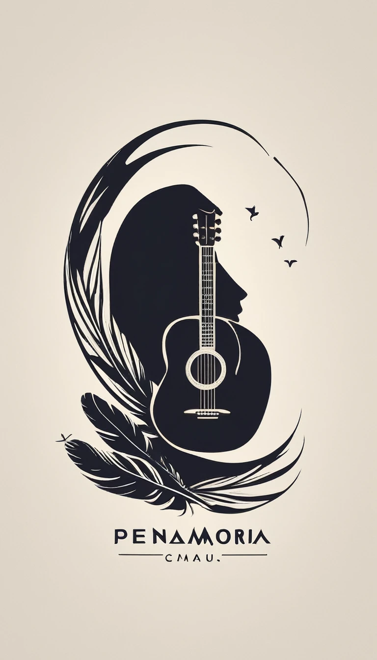 A minimal, modern, simple, cinematic logotype for the brand “Penamemoria". The logotype must be a simple, magical feather and a boy playing acoustic guitar. The logo must convey a sense of music, stories and dreams. Logo design impressed on a book cover. Minimalistic logo