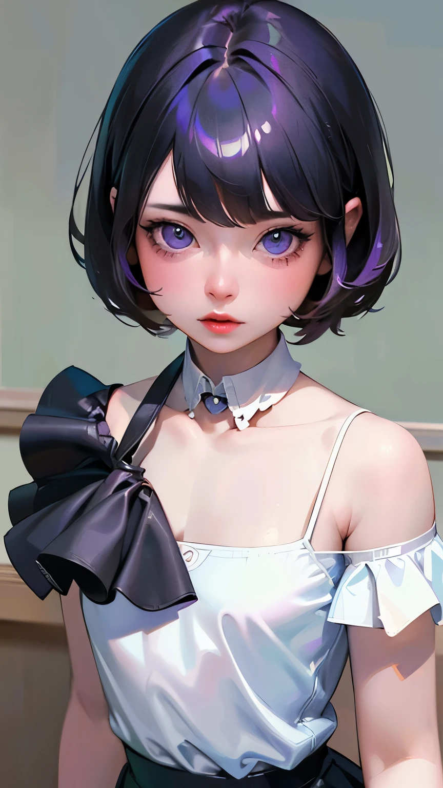 (masterpiece, Highest quality:1.4), 8k, 85mm, Official Art, Absurd, (Down blouse:1.2), (From above:1.1), Violet, Cute face, Beautiful Eyes, camisole, Upper Body, View your viewers, short hair, bangs, Small Head, (smile:0.6), Sharp focus, Face Light, Dynamic Lighting, Cinema Lighting, Dramatic Shadows, perspective, Depth of written boundary, High resolution, Super detailed, In detail, Very detailed, Detailed eyes and face, Sharp pupils, Realistic students, Simple Background, Narrow waist, flare skirt