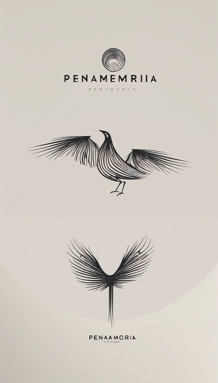 A minimal, modern, simple, cinematic logo design for the brand “Penamemoria". Create a modern, minimalistic, high-quality, logo of a bird with special and thin threads as tail
