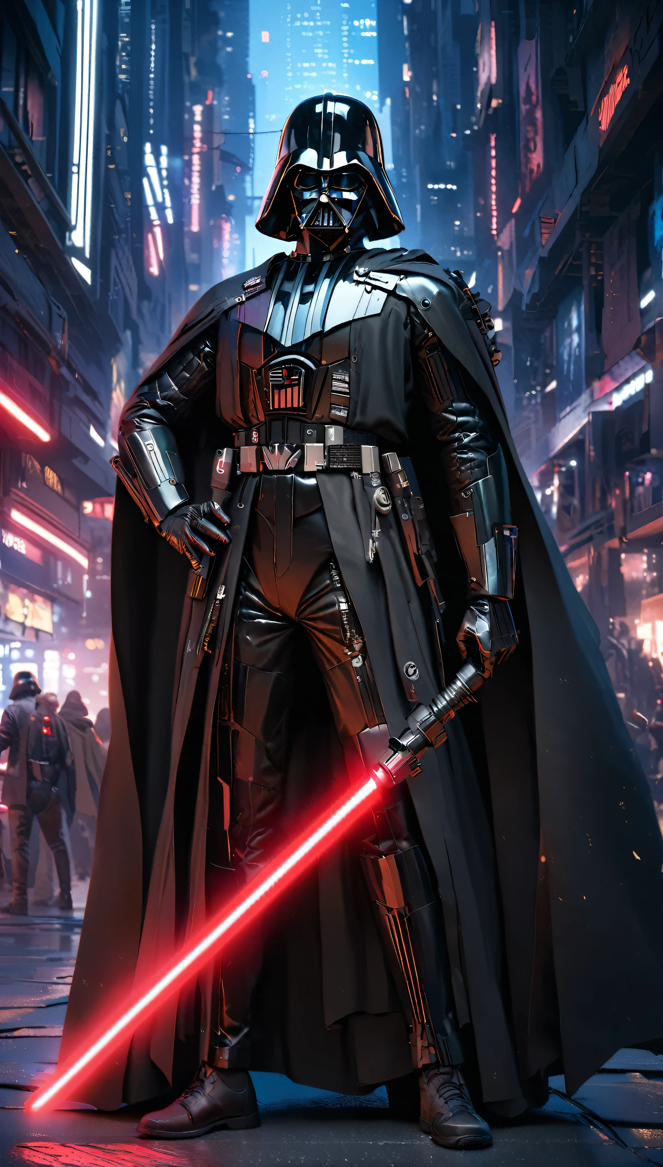 1boy,darth vader ,solo, Cyberpunk Style, (neon:1.2),masterpiece, intricate, highly detailed, majestic, digital photography, hdr, detailed cyberpunk background,bold eclectic styles, punk elements , holographic prints, metallic accents, man in Black_outfit,hood, hood_up, darth vader helmet,(cape:1.2),armor, shoulder armor, (denim:1.2), star wars, (night time),futuristic city,city street with neon signs and buildings on both sides of it at night time, holding  red light saber, broken arm, ,(photo, studio lighting, hard light, sony a7, 50 mm, matte skin, pores, colors, hyperdetailed, hyperrealistic),