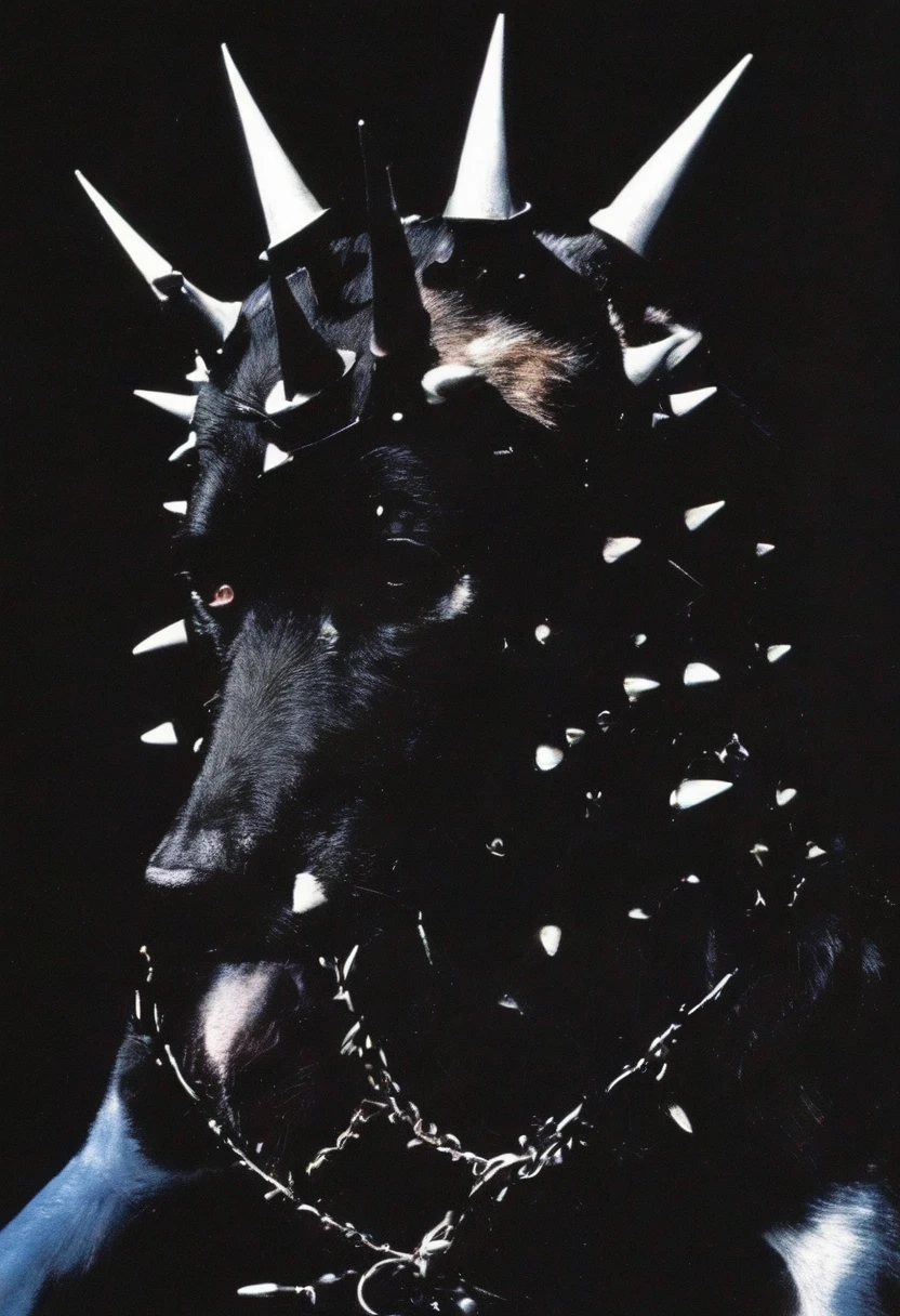 a dog with a spiked collar and spikes on its head is shown in the dark with a black background