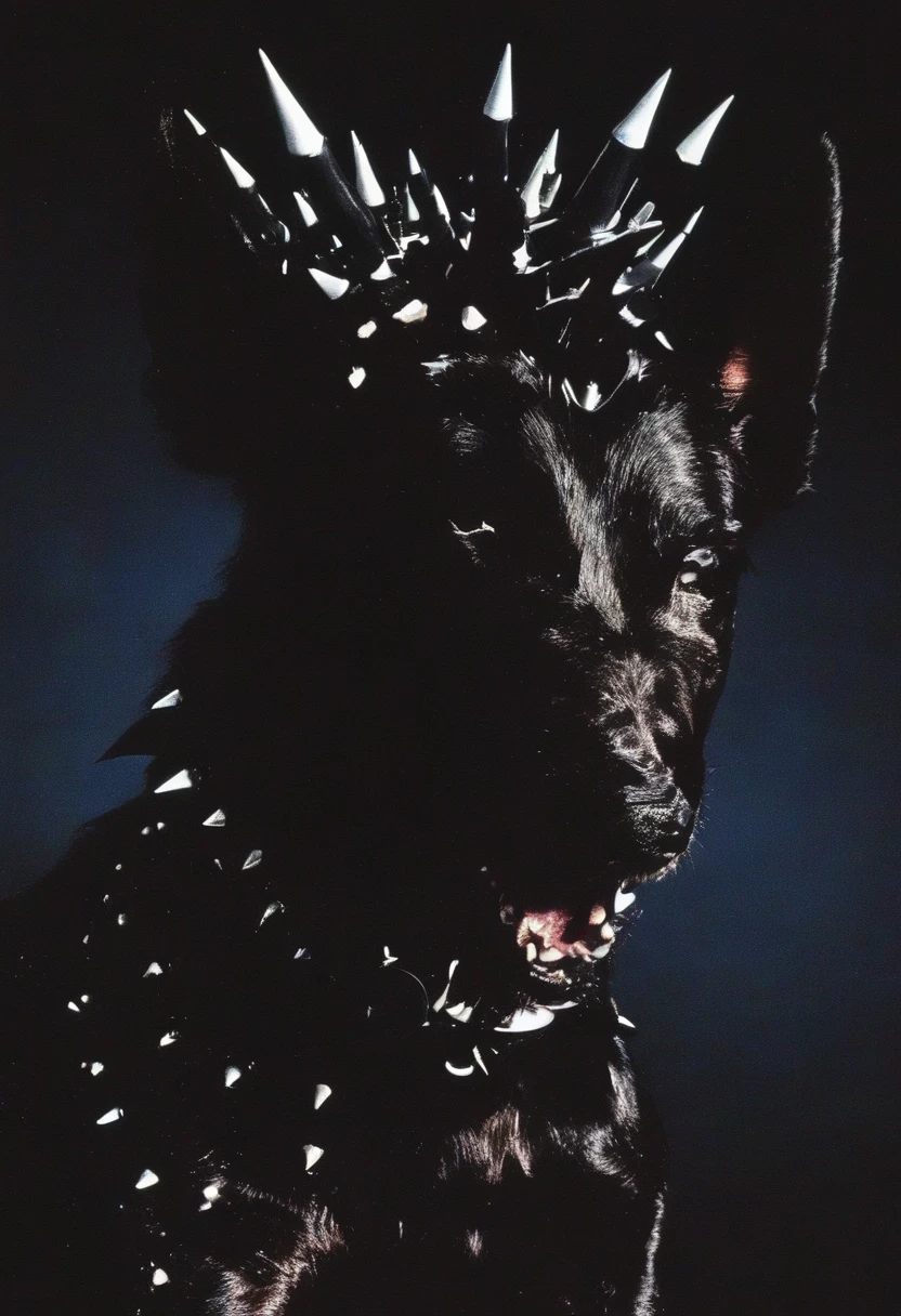 a dog with a spiked collar and spikes on its head is shown in the dark with a black background