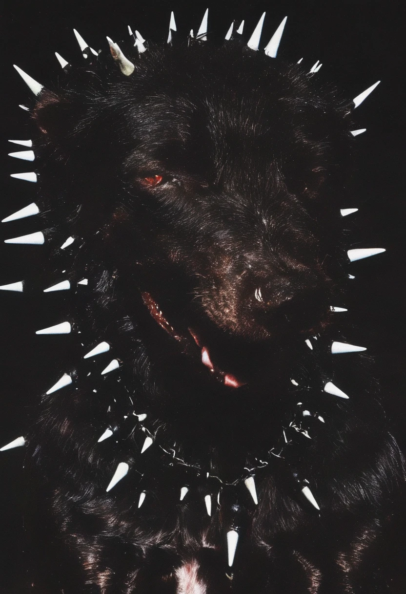 a dog with a spiked collar and spikes on its head is shown in the dark with a black background