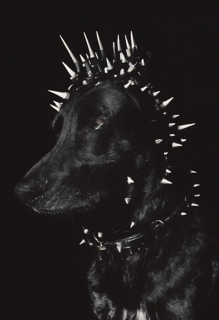 a dog with a spiked collar and spikes on its head is shown in the dark with a black background