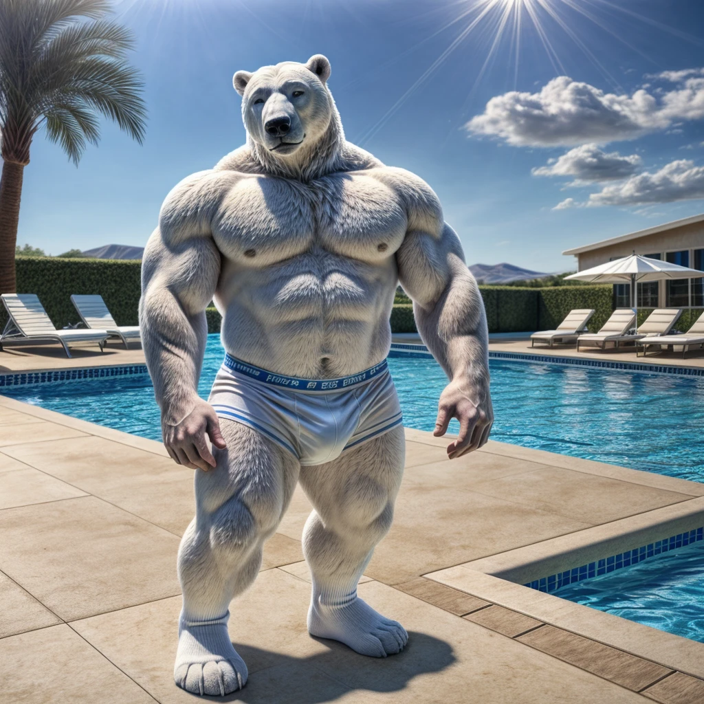 dad male polar bear with small blue eyes, no eyebrows, office suit, no pants white briefs ,white ankle socks , removing shirt , highly detailed lineart, realistic feet, 4k, best quality, masterpiece, swimming pool, vivid colors, physically-based rendering, white hands five finger, hugging