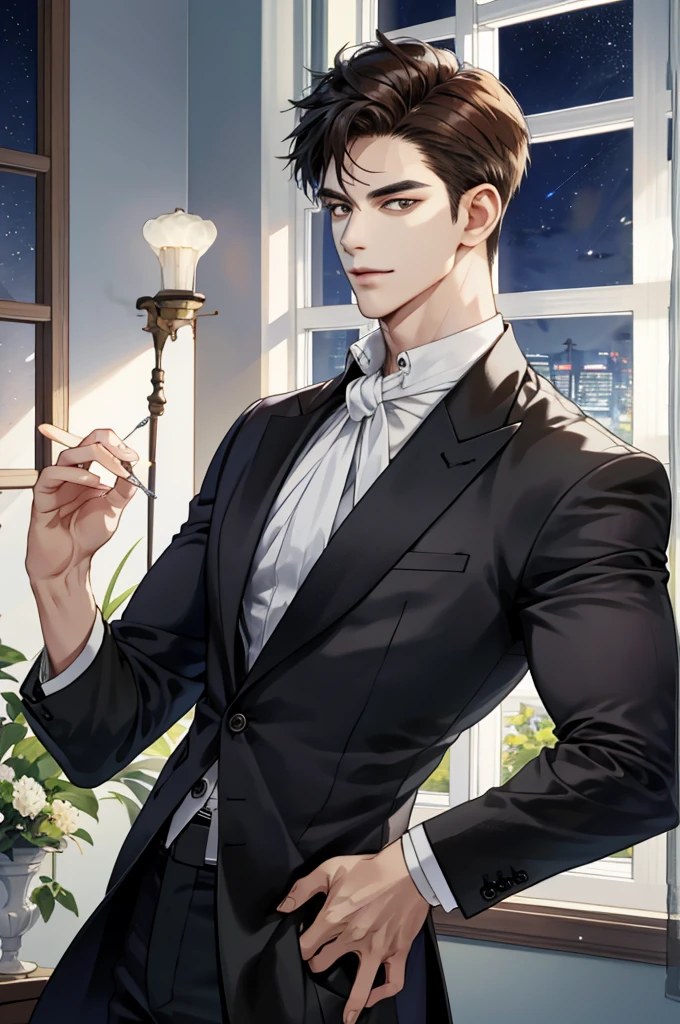 (hoang lap, k hd, ultra - detailed), (1male people, Single, AS-Adult,   mature:1.4, Idade:1.4, young, Tall muscular man, Handsome), Very short hair, brunette color hair, Hair oil, with brown eye,(Pointed chin:1.4,Thick neck:1.4,),Break,Night,Dark,Look at the night view of the city through the large window,formal outfit,tiese,full bodyesbian,
