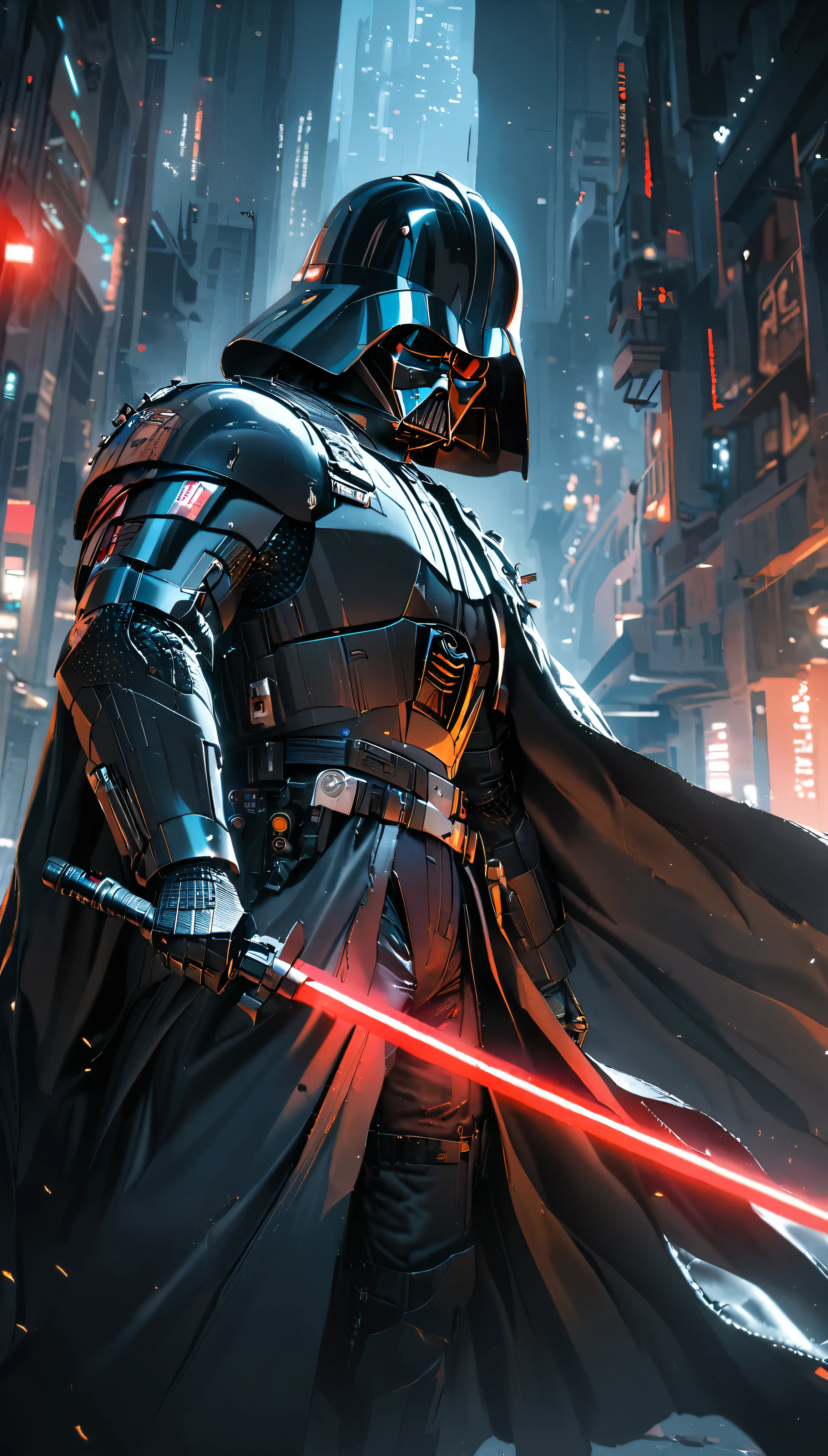 1boy,darth vader ,solo, Cyberpunk Style, (neon:1.2),masterpiece, intricate, highly detailed, majestic, digital photography, hdr, detailed cyberpunk background,bold eclectic styles, punk elements , holographic prints, metallic accents, man in Black_outfit,hood, hood_up, darth vader helmet,(cape:1.2),armor, shoulder armor, (denim:1.2), star wars, (night time),futuristic city,city street with neon signs and buildings on both sides of it at night time, holding  red light saber, broken arm, ,(photo, studio lighting, hard light, sony a7, 50 mm, matte skin, pores, colors, hyperdetailed, hyperrealistic),