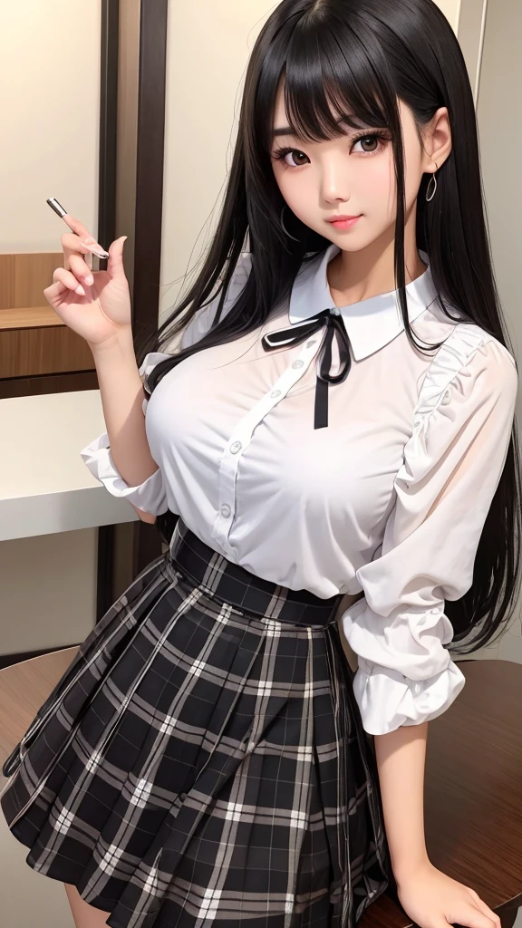 Detailed face、highlight、Asian Girl、thigh、Tabletop、breast enhancement、Bodyline、Black Hair、Heavy bangs、Checkered Skirt、White blouse、