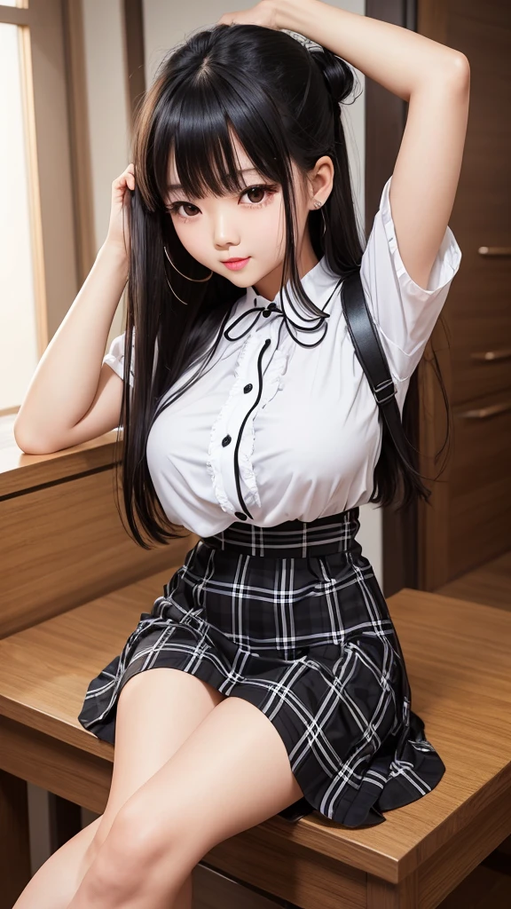 Detailed face、highlight、Asian Girl、thigh、Tabletop、breast enhancement、Bodyline、Black Hair、Heavy bangs、Checkered Skirt、White blouse、