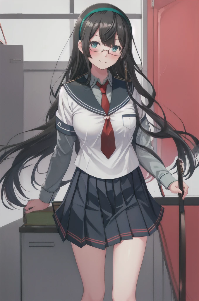 best quality, masterpiece, highres, solo, {ooyodo_kantaicollection:1.15}, black_hair, long_hair, glasses, hairband, semi-rimless_eyewear, under-rim_eyewear, blue_eyes, green_eyes, blush,small_breasts, 1girl, school_uniform, serafuku, pleats_skirt, looking_at_viewer, necktie, harbor_school_background, red_necktie,angry,smile,Proudly