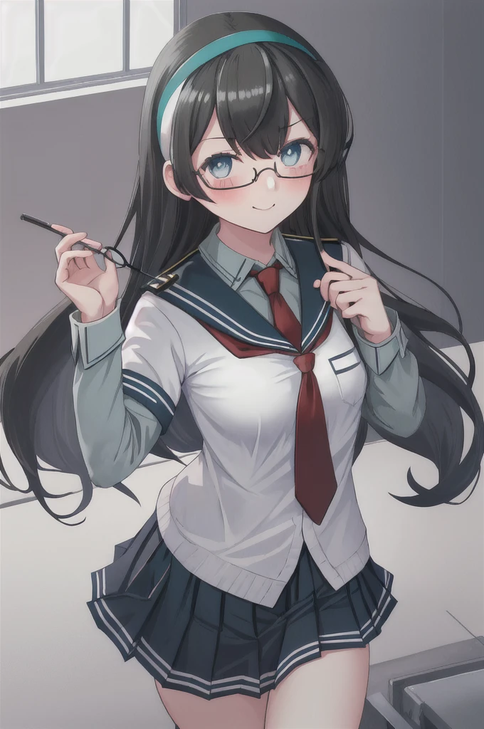 best quality, masterpiece, highres, solo, {ooyodo_kantaicollection:1.15}, black_hair, long_hair, glasses, hairband, semi-rimless_eyewear, under-rim_eyewear, blue_eyes, green_eyes, blush,small_breasts, 1girl, school_uniform, serafuku, pleats_skirt, looking_at_viewer, necktie, harbor_school_background, red_necktie,angry,smile,Proudly