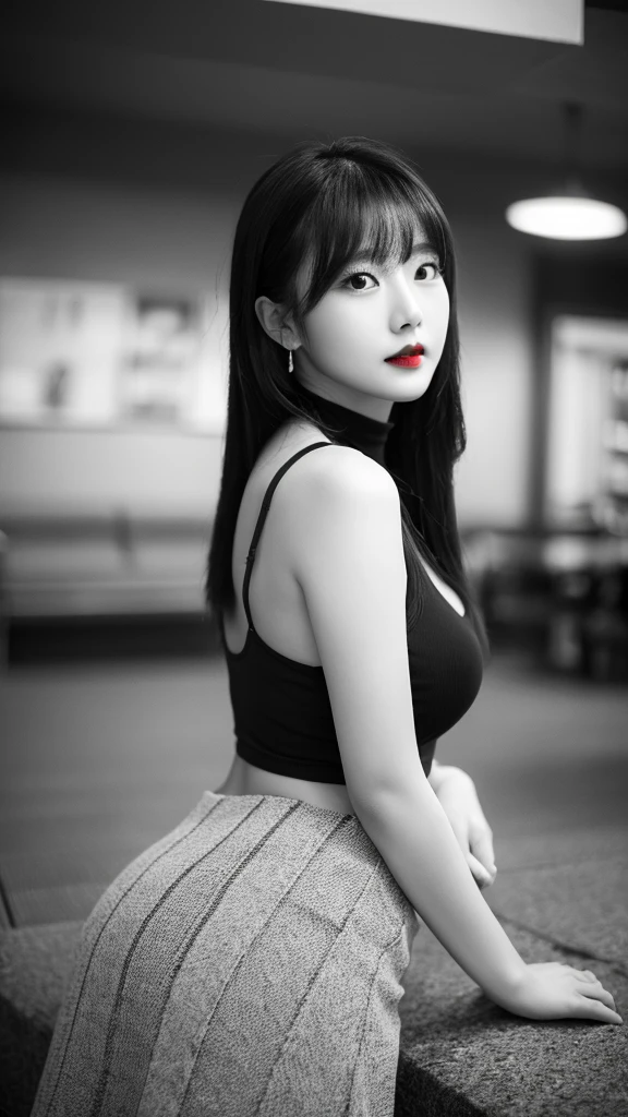 (((Black and white art:1.2、Black and white photography、RAW Photos、Film Grain)))、A beautiful 21 year old Japanese woman、((Fuller lips、Sexy red lips:1.3))、Attractive hairstyle、skirt、Highest quality、High resolution、High resolution、Cinema Lighting、Black and white photography、Professional Photographer、slim