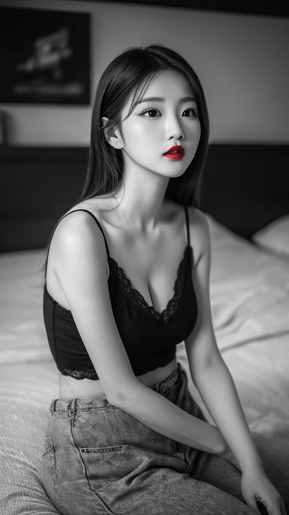 (((Black and white art:1.2、Black and white photography、RAW Photos、Film Grain)))、A beautiful 21 year old Japanese woman、((Fuller lips、Sexy red lips:1.3))、Attractive hairstyle、skirt、Highest quality、High resolution、High resolution、Cinema Lighting、Black and white photography、Professional Photographer、slim