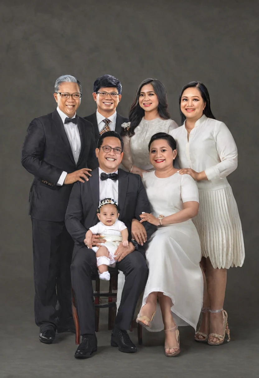 arafed family posing for a portrait in a studio with a baby, barong family, family portrait, barong family member, official fanart, fullbody or portrait, highly detailed photo portrait, corrected, an indonesian family portrait, full body portrait painting, full body realistic portrait, family, photo-shopped, michelin man family portrait, transformation portrait, happy family
