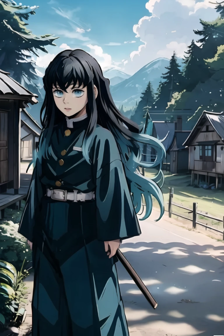 masterpiece, Best quality, (1 boy:1), Demon Slayer Uniform, boy, One, long hair, Looking at the viewer, bang, black hair, sea green eyes, multicolored hair, Tokito_Muichiro, weapon , male focus, trousers, (( village with wooden house)), daytime,  