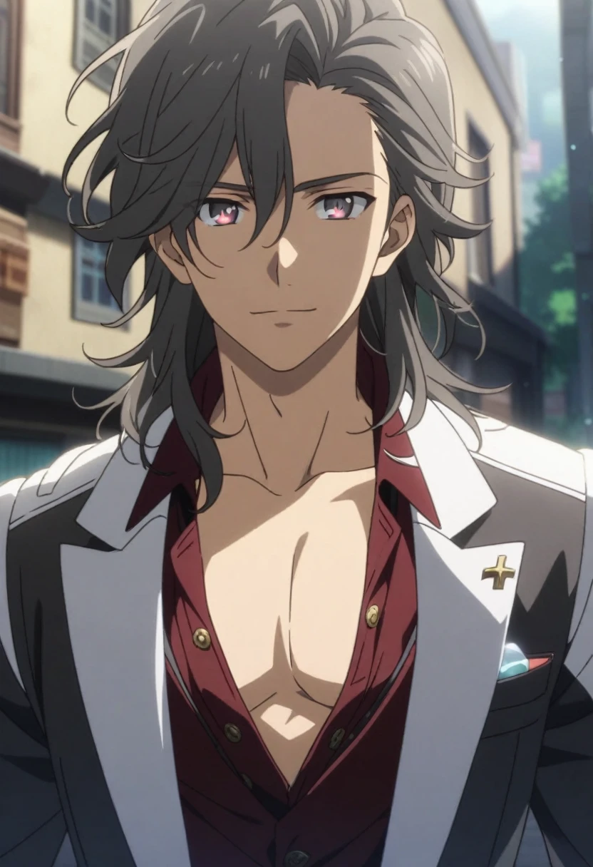 extremely beautiful guy, Black slightly disheveled hair just above the shoulders, A 20-year-old boy with a handsome face, dark-grey eyes with red pupils-crosses, beautiful guy face, accessories, soft smile, beautiful clothes, beautiful guy, accessories, suit, unusual clothes, Slightly unbuttoned shirt, general suit, haircut cascade, anime, hair by shoulders, Shoulder length hair, solo, 1 person
