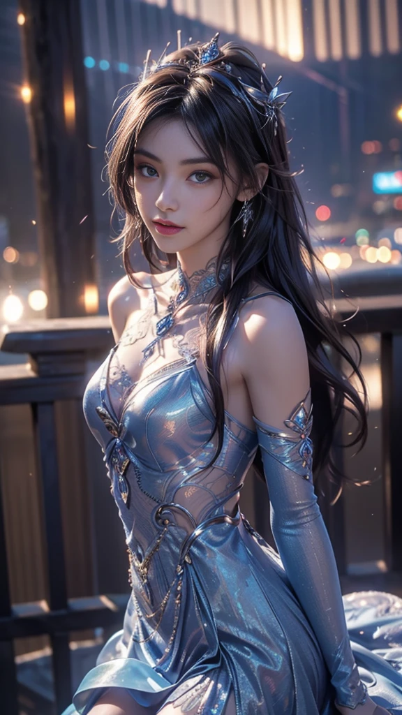 8K, UHD, MAsterpiece, best quality, 1 girl, (realistic face), happy pace, very long hair, small breasts, decorated dress, very beautiful ornaments dress, blue color, ((lace)), mesh dress, sardine, loops, legendary night balcony, depth of field, cinematic lighting, chromatic aberration, motion blur, glowing light, god rays, ray tracing, reflection light, backlighting, knee short,