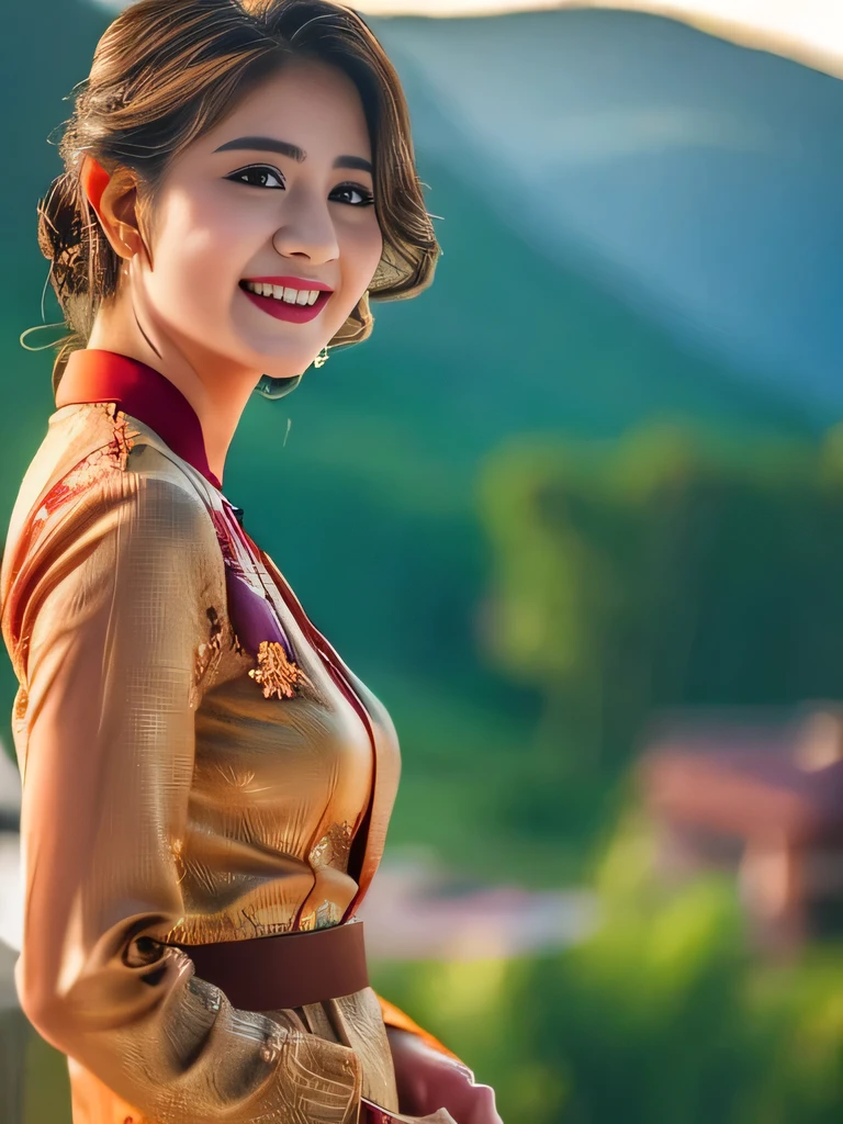 (Best quality, high resolution, Masterpiece: 1.3), a beautiful woman with a slender figure, (dark brown layered hairstyle), wearing a pendant, ((kebaya_bali)) outdoors, scenic beauty, lakes and mountains in distant background, details in face and skin texture beautifully rendered, details eyes, (best quality, high resolution, masterpiece: 1.3), a beautiful woman with a slim figure, (dark brown layered hairstyle),((kebaya_bali)), outdoors, background random, details in face and skin texture beautifully rendered, detail eyes, double eyelids, seductive laugh, feminine laugh, seductive pose, full body