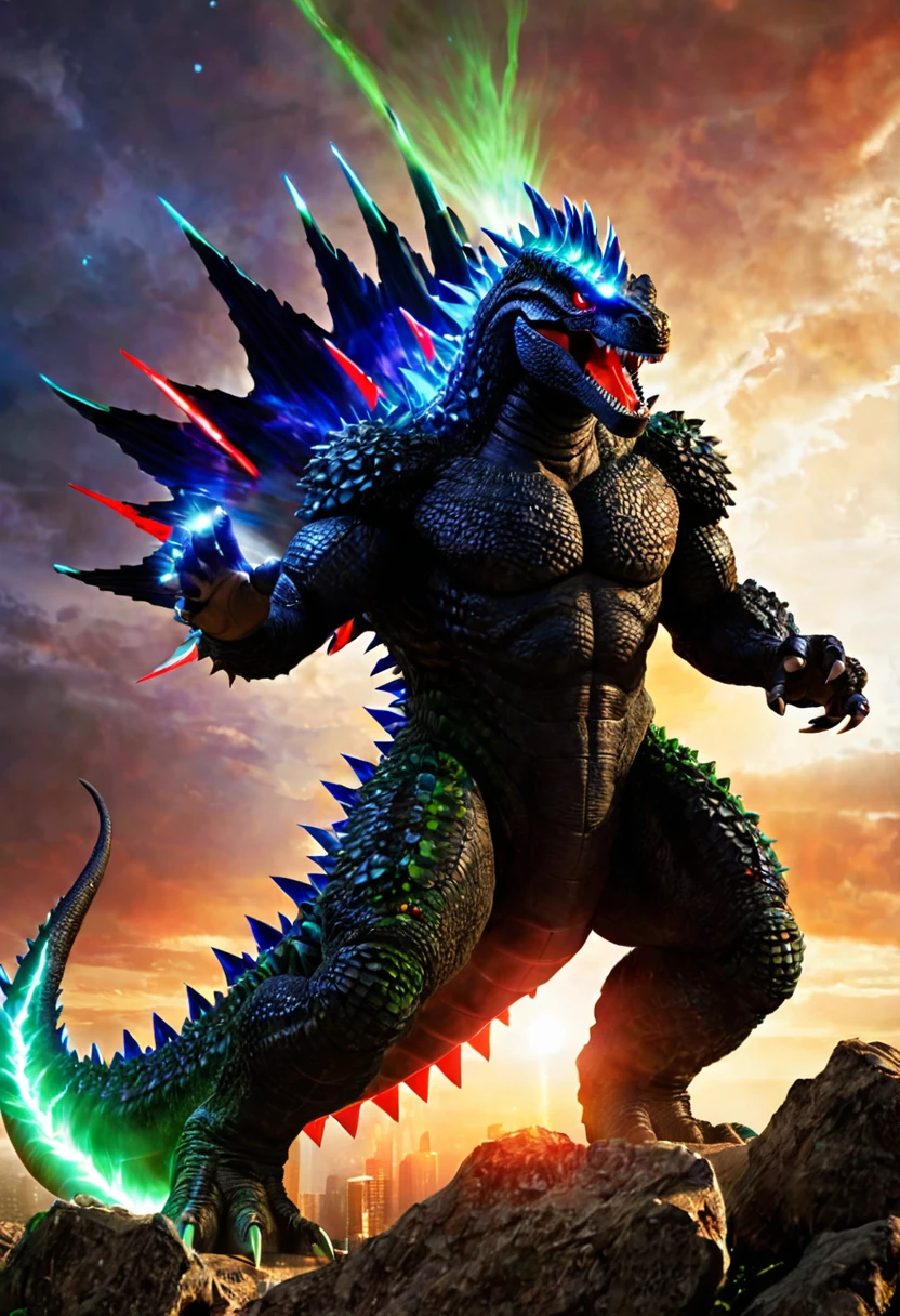 Super Godzilla, a powerful creature that resembles a bipedal dinosaur with shiny black skin that has dark blue accents and a series of green spines running down its back and tail. It has a dark red crest that ends in a red spike on the top of its head and an open mouth with sharp teeth, as well as red eyes that radiate power.
Its body is surrounded by bright green energy that extends from its body and gives it a powerful aura. In both hands it has blue energy spheres that seem to be about to shoot out, showing destructive power.