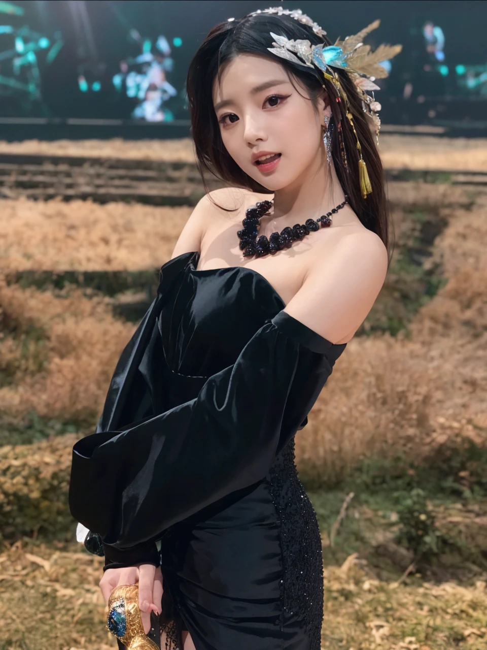 A K-pop idol on stage with a black gown and a crystal headpiece 