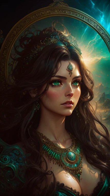 Hyper-realistic digital painting of a beautiful girl, green eyes, gaze towards the viewer, long dark brown wavy hair, highly detailed and intricate bohemian necklace, combining the artistic styles of Jose Royo, Boris Vallejo, Julie Bell, Carne Griffiths and Brian Froud, precise anatomy, with centered symmetrical composition, volumetric lighting, rays, bright color reflections