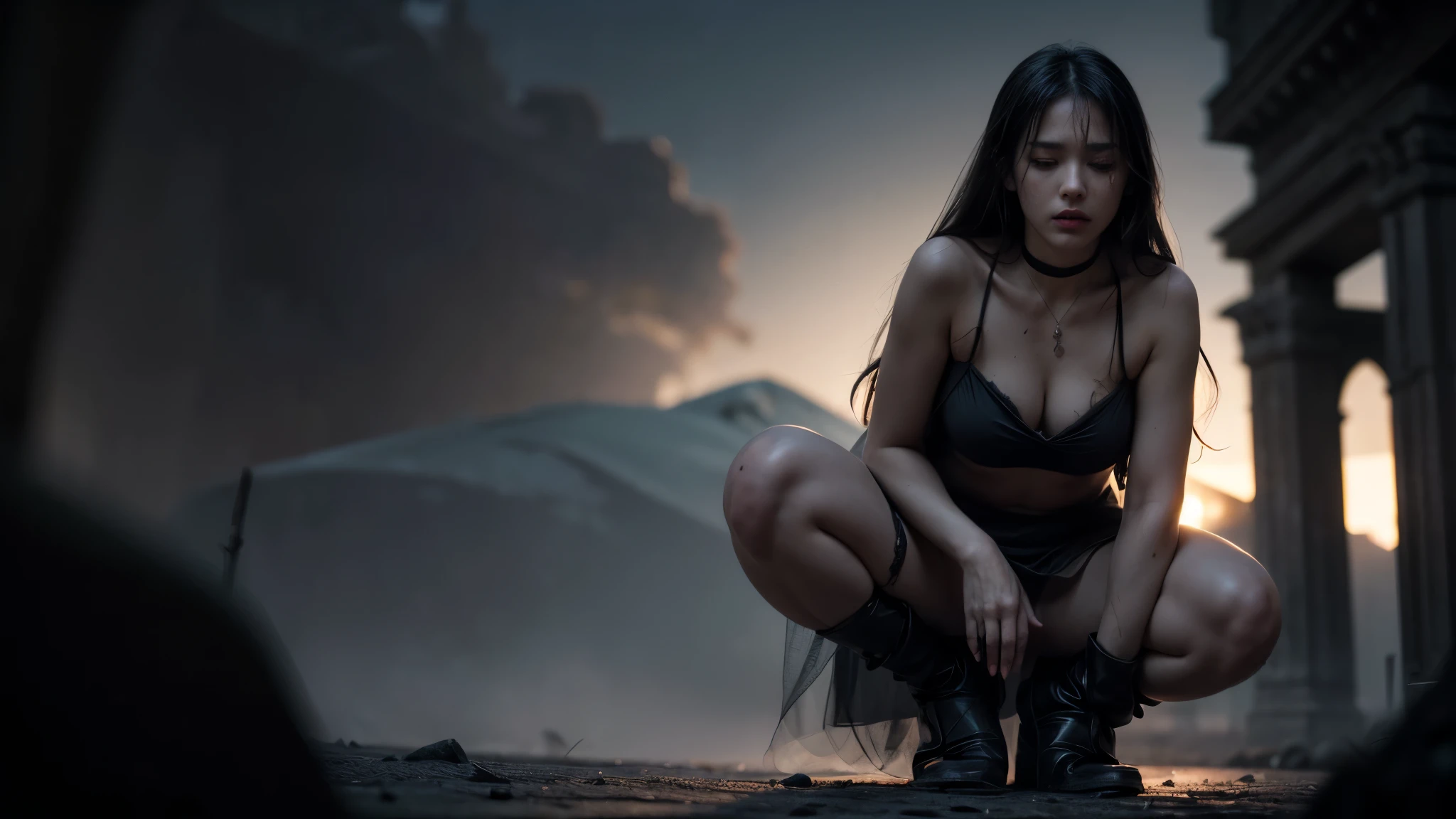 (YES SFW), A dressed girl desperately needs to relieve herself、(she wears a veil and a rag, a sheet around her waist, a shawl on her shoulders), (Correct anatomy of the fingers)、（Draw hands and feet separately)、very beautiful、Ideal proportions、small breasts、Very stylish、barefoot、(in a dark and dirty basement:1.37)、(((neat woman, Bright-eyed excitement, Pained expression,blush,half-closed eyes,please touch me,tempting viewer,i want you))),(sitting down,spread the legs apart,navy panties, (Squat with your legs wide apart:1.37), skirt on knees、(Place your hands on your knees and skirt)、(Anguished expression:1.4)、looking at the camera、Close-up、highest quality、Super detailed、Real、Beautiful proportions、Vibrant colors、Sharp focus、Tense atmosphere、Classical composition、art、Striking details、Artistic subtleties、Harmonious color palette、Sublime Beauty、Aesthetic perfection、Captivating eyes、Pure brilliance、Impeccable Features、Dreamy atmosphere、Sophisticated style、Timeless elegance、Finishing the masterpiece、Exquisite craftsmanship、Meticulous attention to detail、Sublime proportions、Artistic excellence、living work of art、Otherworldly charm、Fairytale-like setting、Unforgettable gaze、Majestic presence、natural breasts, Smoke and clouds roil around her, adding to the sense of epic scale and drama. The lighting is dark, gloomy, and realistic, creating a tense and ominous atmosphere. The perspective is from below, emphasizing the sheer majesty and power of the girl. [The character is surrounded by mist, evoking a mysterious and eerie atmosphere. The lighting is dark and atmospheric, with a red smoke adding a touch of sinister ambiance. The image is of the best quality, with a resolution of 4k and HDR enhancement, showcasing the utmost level of detail and realism, sfw, full body shot.]