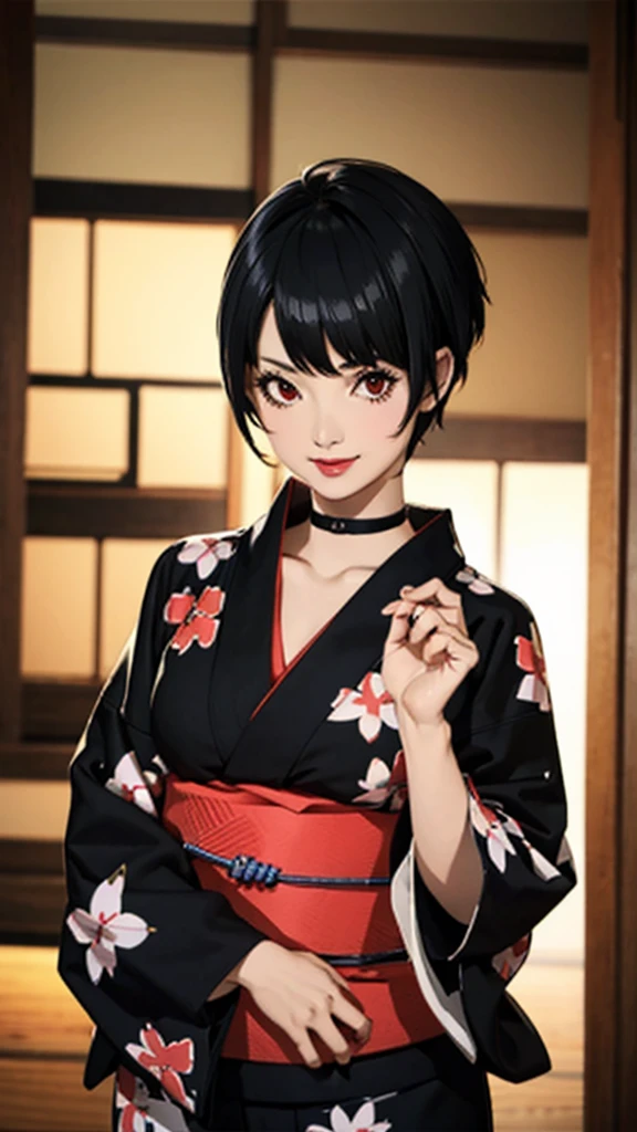 1girl, smile, red eyes, tomboy Pixie haircut, very Short hair, black hair, black choker, yukata, medium breast, lipstick, cowboy shot,