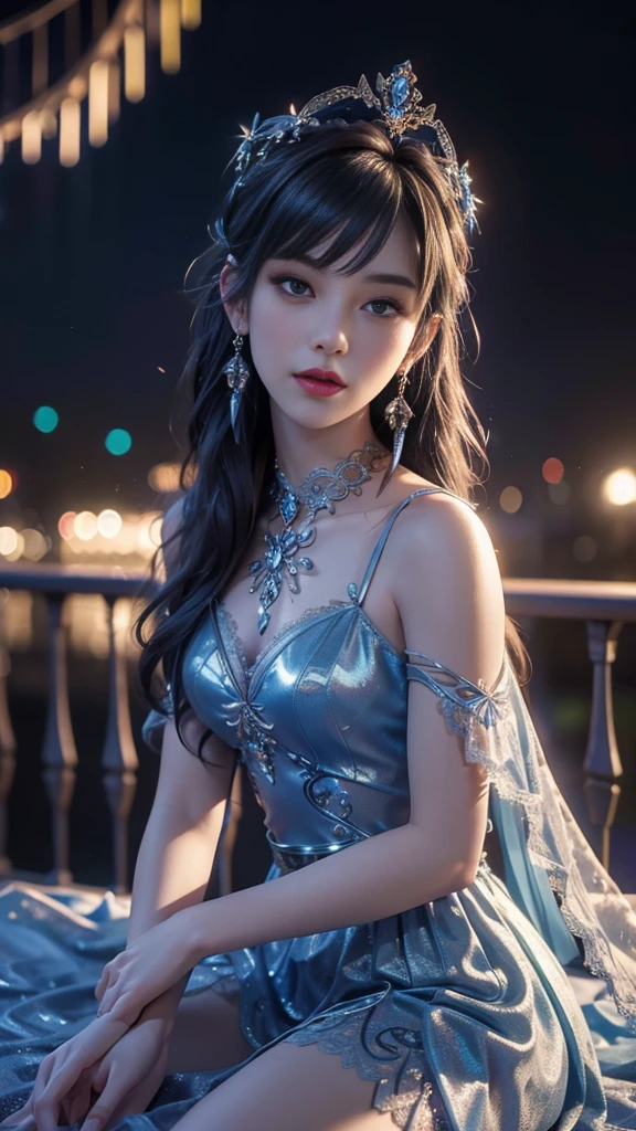 8K, UHD, MAsterpiece, best quality, 1 girl, (realistic face), happy pace, very long hair, small breasts, decorated dress, very beautiful ornaments dress, blue color, ((lace)), mesh dress, sardine, loops, legendary night balcony, depth of field, cinematic lighting, chromatic aberration, motion blur, glowing light, god rays, ray tracing, reflection light, backlighting, knee short,