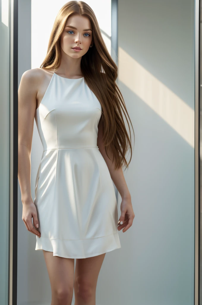 a beautiful 23-year-old girl, with long flowing brown hair, piercing blue eyes, delicate facial features, pale skin, standing by a large glass wall, sunlight streaming through, serene expression, thin white dress, graceful pose, realistic, photorealistic, 8k, high quality, detailed, masterpiece, cinematic lighting, vibrant colors, detailed environment