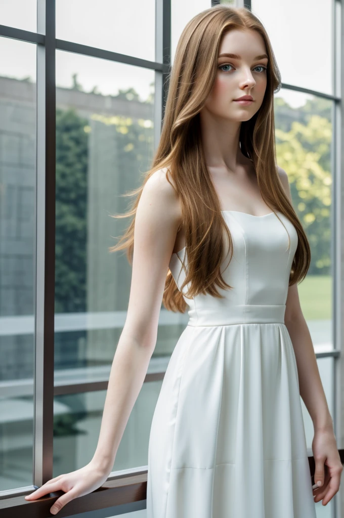 a beautiful 23-year-old girl, with long flowing brown hair, piercing blue eyes, delicate facial features, pale skin, standing by a large glass wall, sunlight streaming through, serene expression, thin white dress, graceful pose, realistic, photorealistic, 8k, high quality, detailed, masterpiece, cinematic lighting, vibrant colors, detailed environment