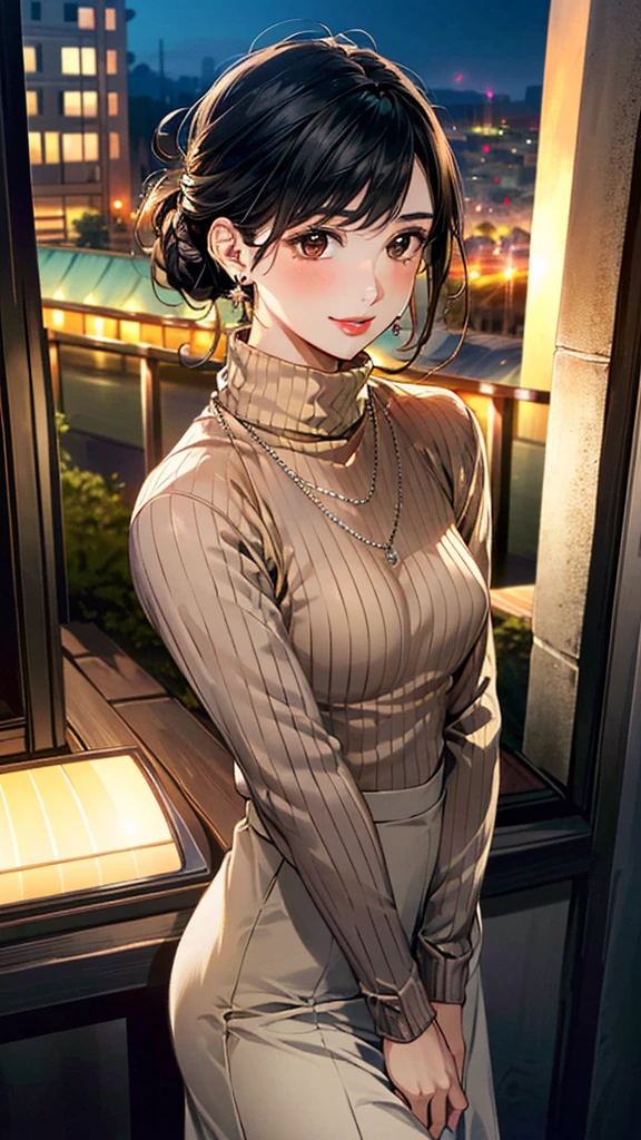 (masterpiece:1.3, Highest quality, Ultra-high resolution, Super detailed), (Realistic, photoRealistic:1.4), Beautiful illustrations, Perfect lighting, colorful, Depth of written boundary,
Beautiful detailed hair, Beautifully detailed face, Beautiful fine details, Beautiful clavicle, Beautiful body, 美しいLarge Breasts, Beautiful thighs, Beautiful feet, Beautiful fingers,
View Viewer、Front view:0.6, Beauty1人, Japanese, Beauty、30 years old, Perfect Face, (Perfect Anatomy, Anatomically correct), Cute and symmetrical face, Baby Face, , Shiny skin,
((Camel-colored turtleneck sweater:1.4)),(((Long skirt 1.5)))
(Black Hair, Medium、Updo Hair:1.4), Dark brown eyes, (Large Breasts), Slim body,
necklace, (Small earrings:1.4),
(Beautiful views), (night), (city, cityscape in the distance),, A soft smile、(Smile, Lips parted),
