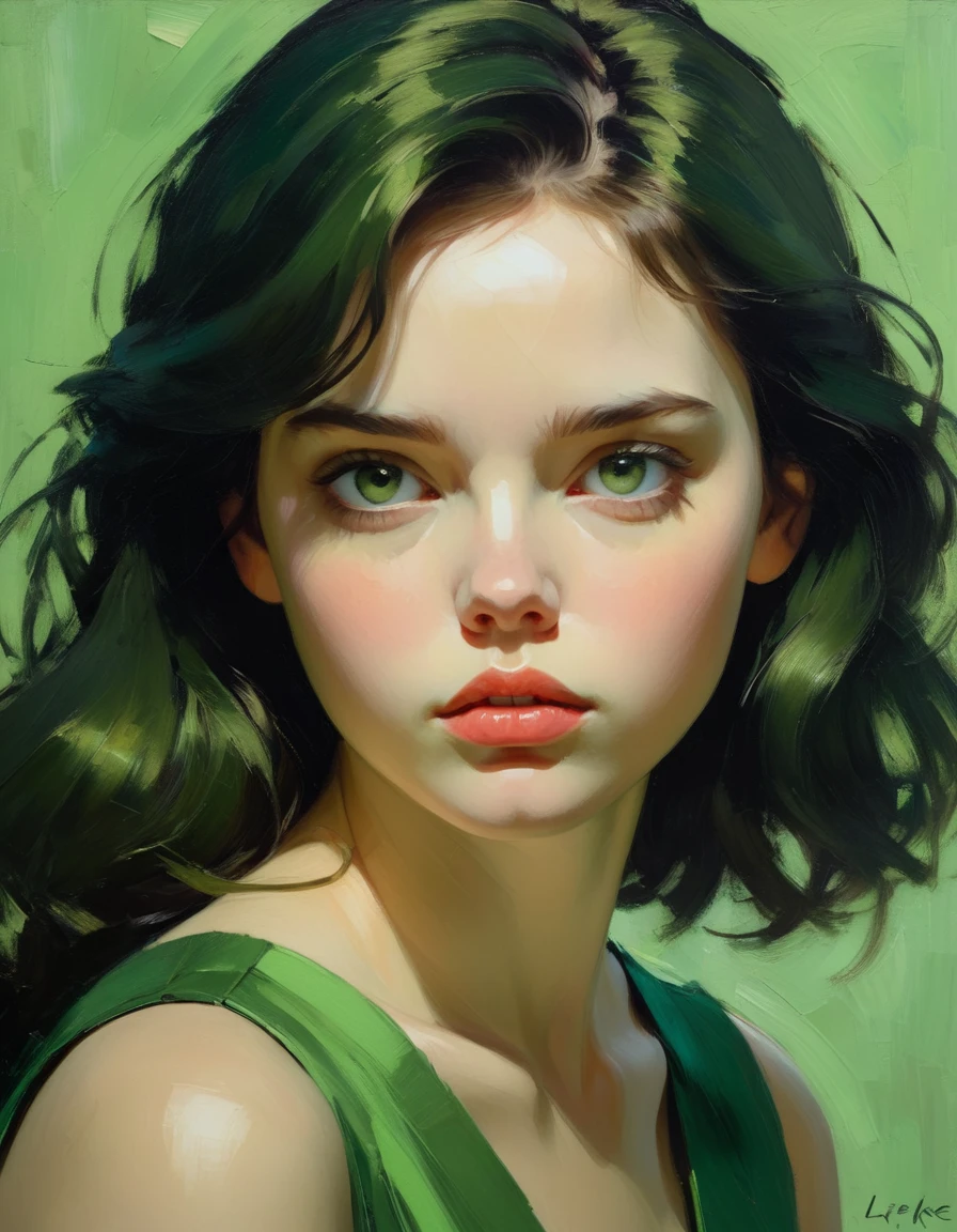 a girl in a green dress, closeup portrait, oil painting, heavy impasto brush strokes, soft warm tones, emotive deep gaze, vulnerable expression, simple textured background, intimate malcolm liepke inspired, 4k, best quality, masterpiece, hyper detailed, photorealistic, elegant, serene, pensive