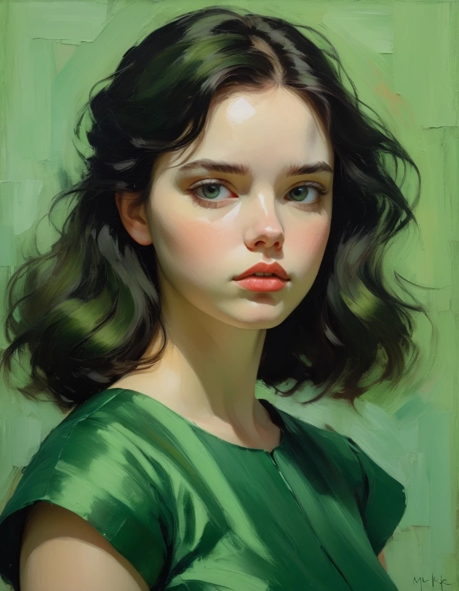 a girl in a green dress, closeup portrait, oil painting, heavy impasto brush strokes, soft warm tones, emotive deep gaze, vulnerable expression, simple textured background, intimate malcolm liepke inspired, 4k, best quality, masterpiece, hyper detailed, photorealistic, elegant, serene, pensive