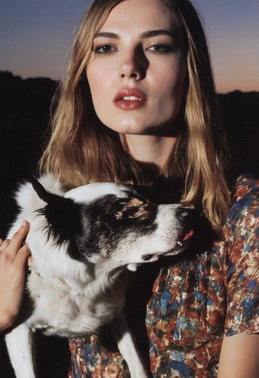 dog licks fashion model at sunset