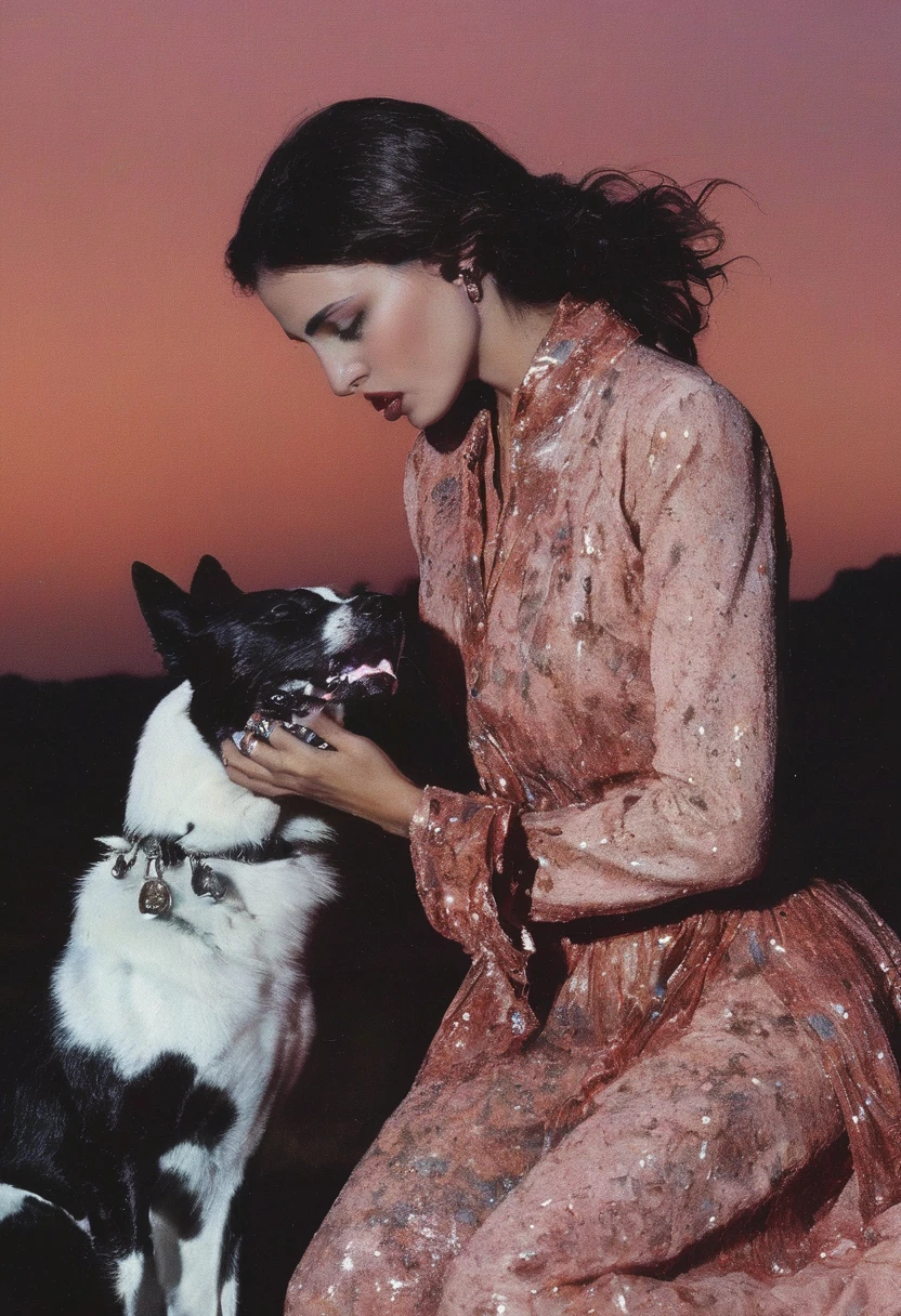 dog licks fashion model at sunset