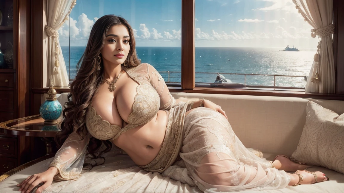 (((((((A)))))))half body of confident-looking Bangladesh woman with long and thick hair, (masterpiece, best quality:1.2), ((((((solo)))))), ((((((1girl)))))), smile, looking at viewer, hazel eyes, a smile on the face, royal and lusty look, standing posing like a professional model for a photoshoot, (((Huge Boobs))), perfect composition and light, hyper realistic skin texture, super background decorations detailed, 8k, high quality, trending art, trending on art station, photo, intricate details, highly detailed, (((Cropped Breast Wear))), (((Luxury Yacht background)))), (((wearing a bright colour Saree with designs and patterns with sleeves))), ((((big sexy Hour Glass body shape)))), (((Luxury Yacht background behind her))), (((Portrait Fashion Photo))), ((long wavy thick hair style)), ((((In a Luxury Yacht with luxury Insiede a window seeing ocean with curtain))))