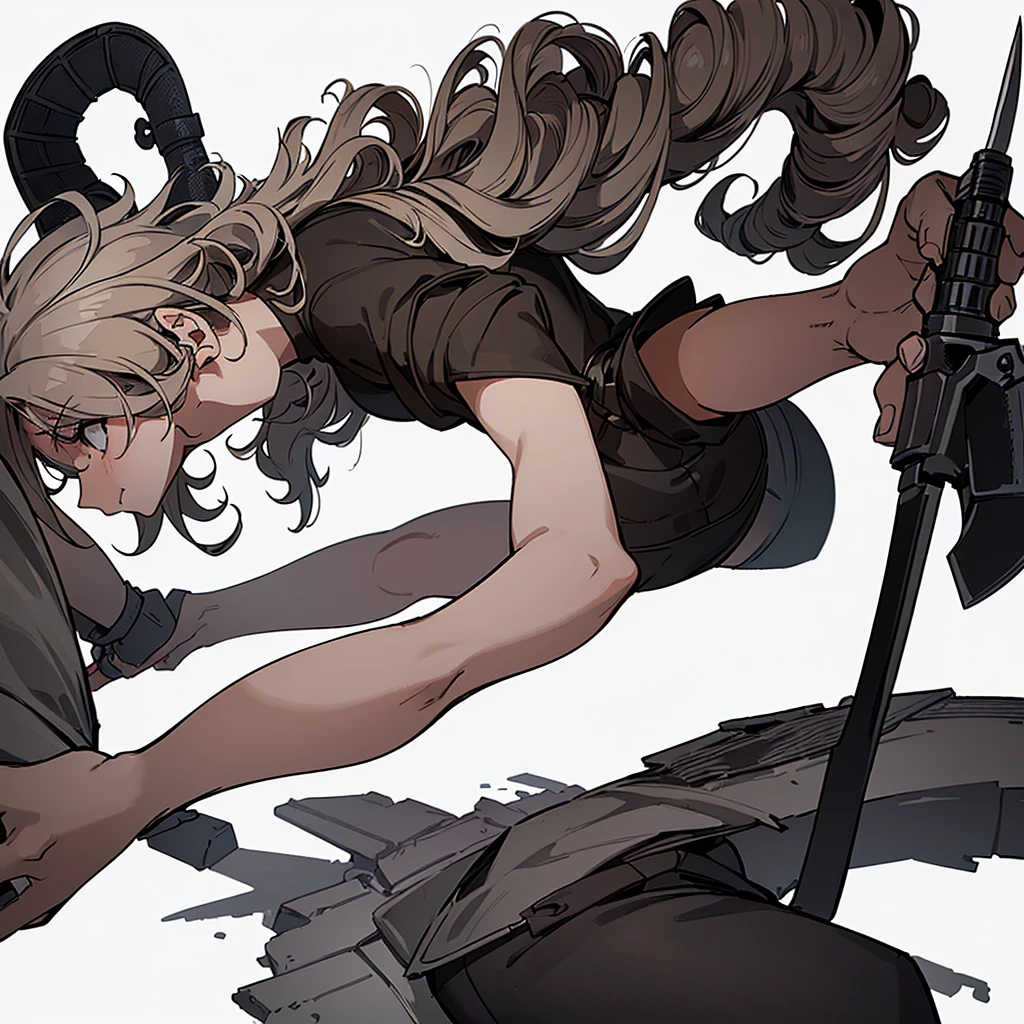 ((((Solo))))、Highest quality, Best Quality,Best illustrationedieval Armor、(Brown clotheedieval Knight、Full grey armor、(((20-year-old woman、Curly Hair、Medium Hair)))、Dramatic Angle、(battle)、battlefield、Movement angle、Grab the sword、wasteland、(Fighting stance)、Run、(((White background)))、((Holding a knife in one hand))、early、(Embarrassing、Embarrassed)、(From the back、Back view)