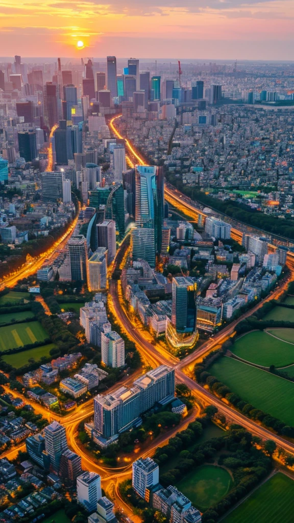 a view of a city with tall buildings and a green park, a picture by Naondo Nakamura, unsplash, sōsaku made, tokyo japan, arafed view of a field of flowers with a sunset in the background, floral sunset, warm beautiful scene, beautiful sunrise, flowers sea everywhere, sunset warm spring, beautiful sunset, magnificent background, vibrant sunrise, beautiful sunset glow, breathtaking landscape, stunning sunset, field of flowers, at sunrise in springtime, sunset glow, beautiful sunrise lighting, flower field, sunset sunrise tokyo city, tokyo city in the background, tokio, tokyo, japanese city, tokyo prefecture, new tokyo, aerial view of a city, tokyo in the background, bird's eye view of a city