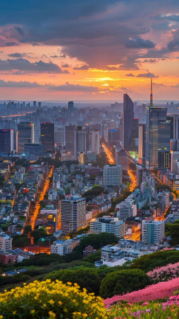 a view of a city with tall buildings and a green park, a picture by Naondo Nakamura, unsplash, sōsaku made, tokyo japan, arafed view of a field of flowers with a sunset in the background, floral sunset, warm beautiful scene, beautiful sunrise, flowers sea everywhere, sunset warm spring, beautiful sunset, magnificent background, vibrant sunrise, beautiful sunset glow, breathtaking landscape, stunning sunset, field of flowers, at sunrise in springtime, sunset glow, beautiful sunrise lighting, flower field, sunset sunrise tokyo city, tokyo city in the background, tokio, tokyo, japanese city, tokyo prefecture, new tokyo, aerial view of a city, tokyo in the background, bird's eye view of a city