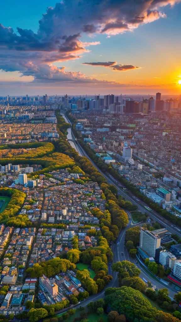 a view of a city with tall buildings and a green park, a picture by Naondo Nakamura, unsplash, sōsaku made, tokyo japan,    arafed view of a field of flowers with a sunset in the background, floral sunset, warm beautiful scene, beautiful sunrise, flowers sea everywhere, sunset warm spring, beautiful sunset, magnificent background, vibrant sunrise, beautiful sunset glow, breathtaking landscape, stunning sunset, field of flowers, at sunrise in springtime, sunset glow, beautiful sunrise lighting, flower field, sunset sunrise  tokyo city, tokyo city in the background, tokio, tokyo, japanese city, tokyo prefecture, new tokyo, aerial view of a city, tokyo in the background, bird's eye view of a city
