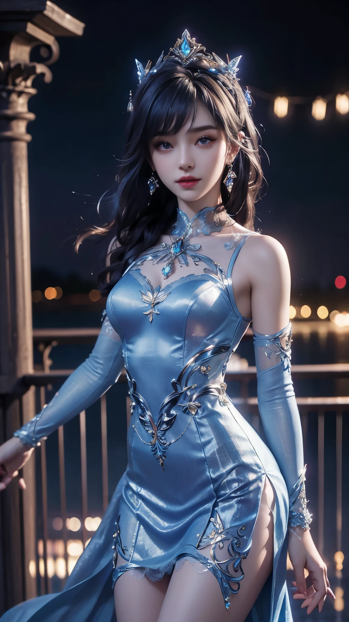 8K, UHD, MAsterpiece, best quality, 1 girl, (realistic face), happy pace, very long hair, small breasts, decorated dress, very beautiful ornaments dress, blue color, ((lace)), mesh dress, sardine, loops, legendary night balcony, depth of field, cinematic lighting, chromatic aberration, motion blur, glowing light, god rays, ray tracing, reflection light, backlighting, knee short,